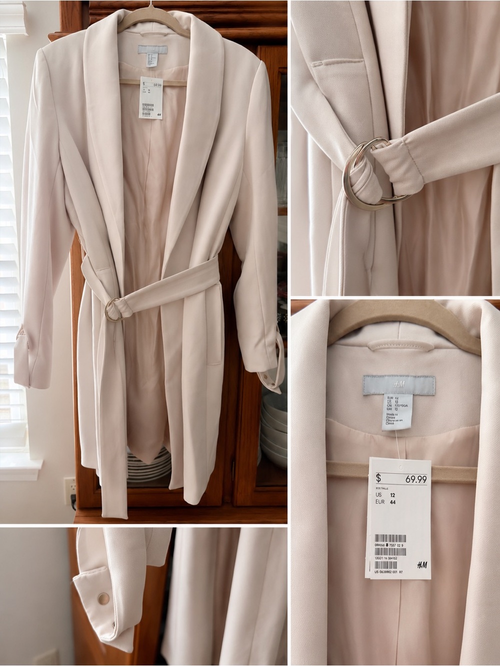 H&M Women's Light Cream Shawl-Collar Belted Robe Coat